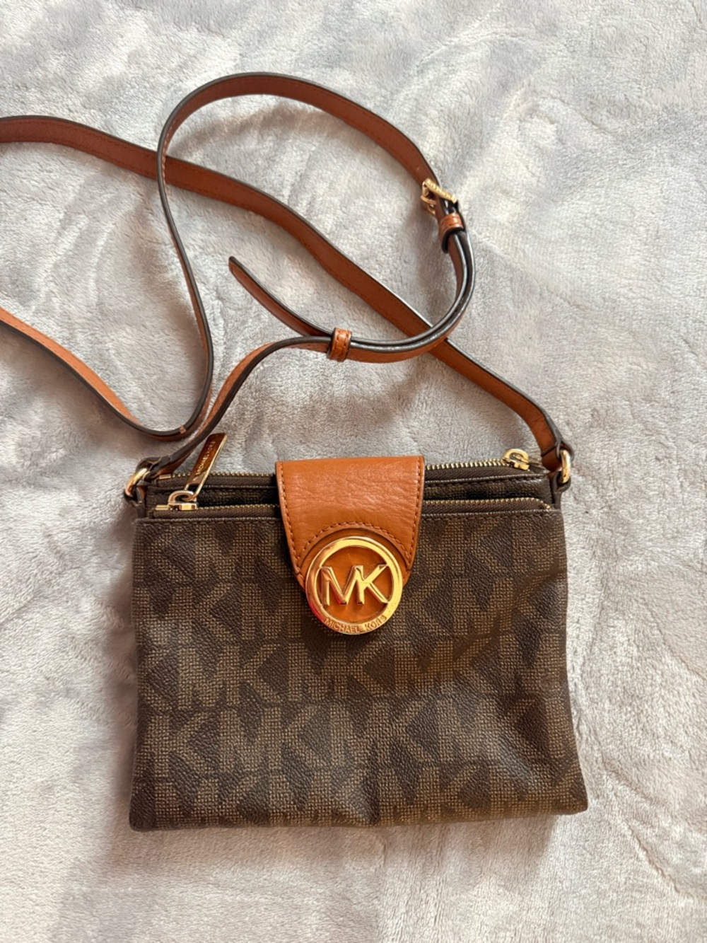 Michael Kors Brown and Tan Logo Crossbody with Gold MK Medallion